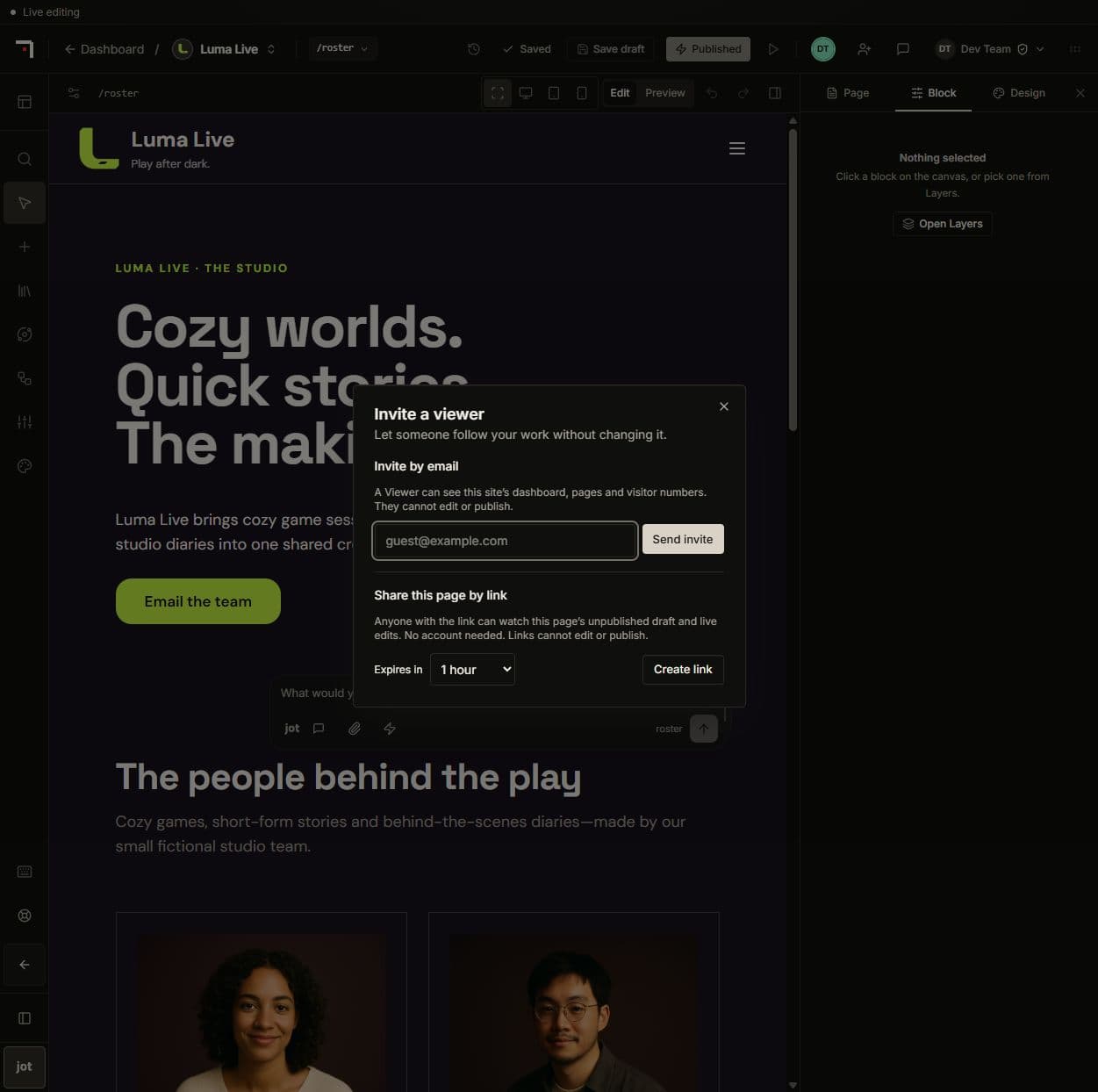 Invite a viewer with separate email and expiring page-link controls.